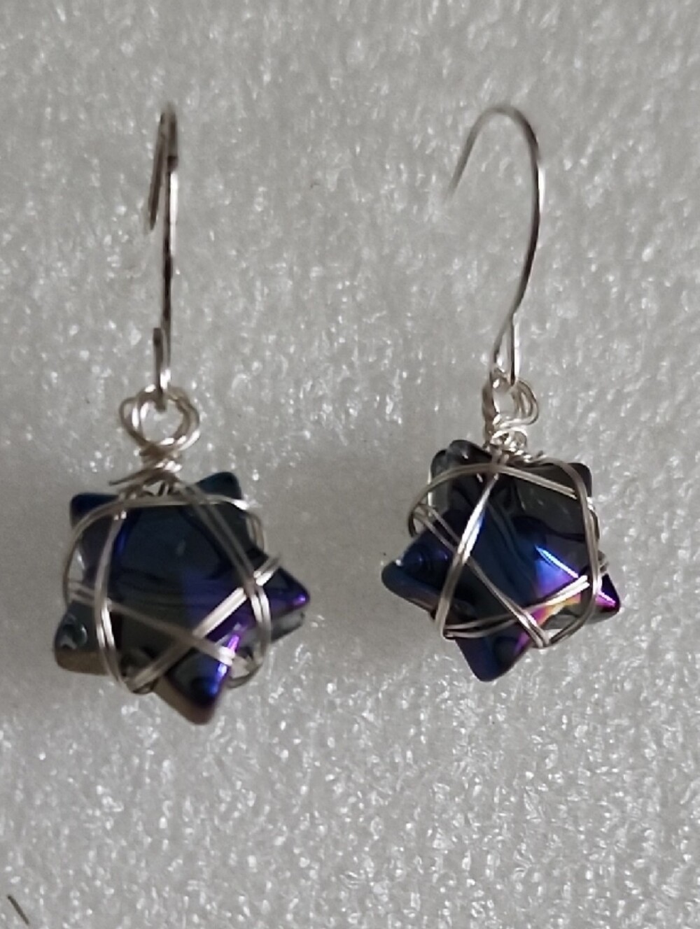 Hand Crafted Iridescent Blue-Purple Star Wire-Wrap Earrings